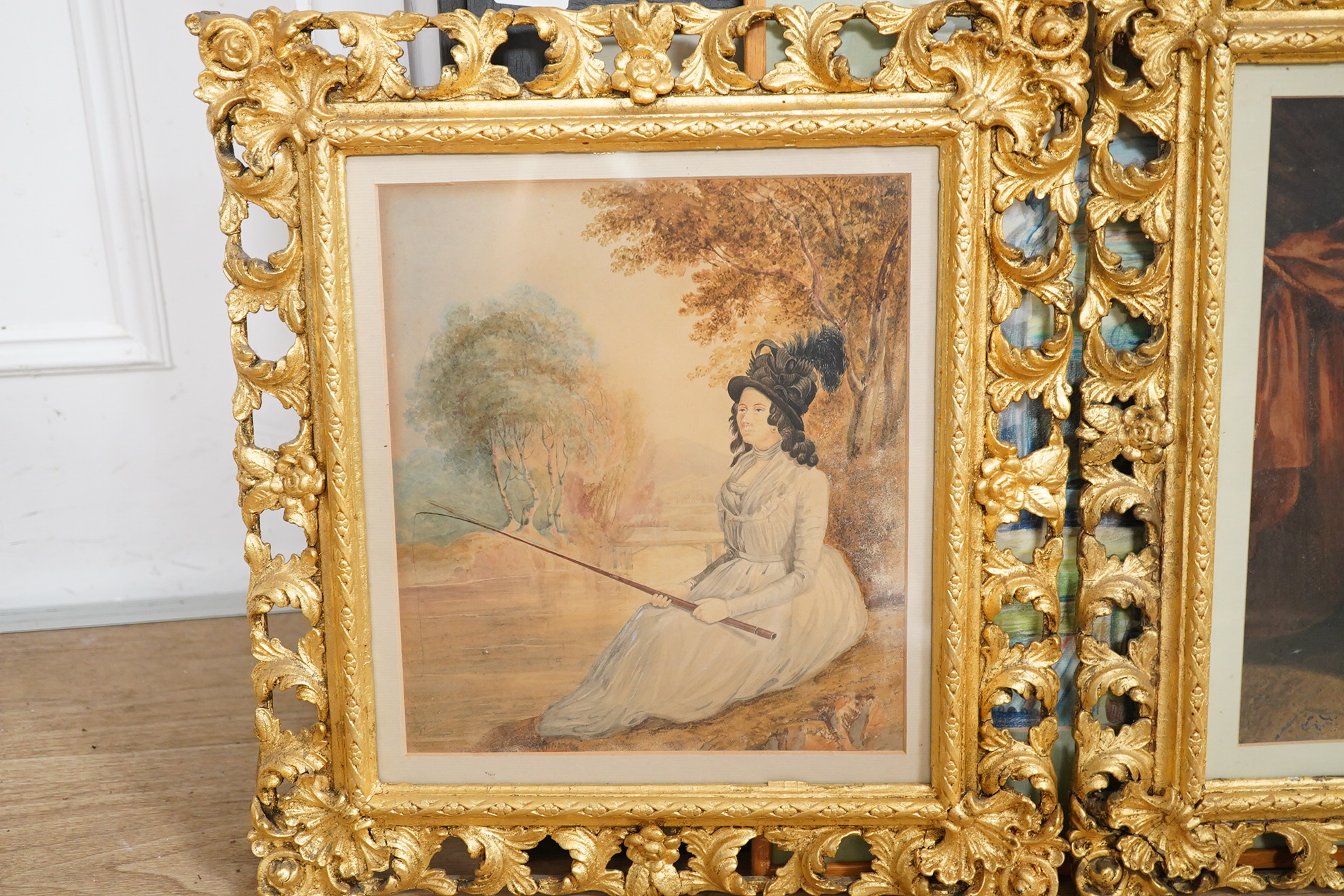 Early 19th century English School, pair of watercolours, Portrait of a lady angler and Portrait of a seated cleric, each unsigned, inscribed in ink verso, 27 x 21cm, housed in rococo style gilt frames. Condition - good